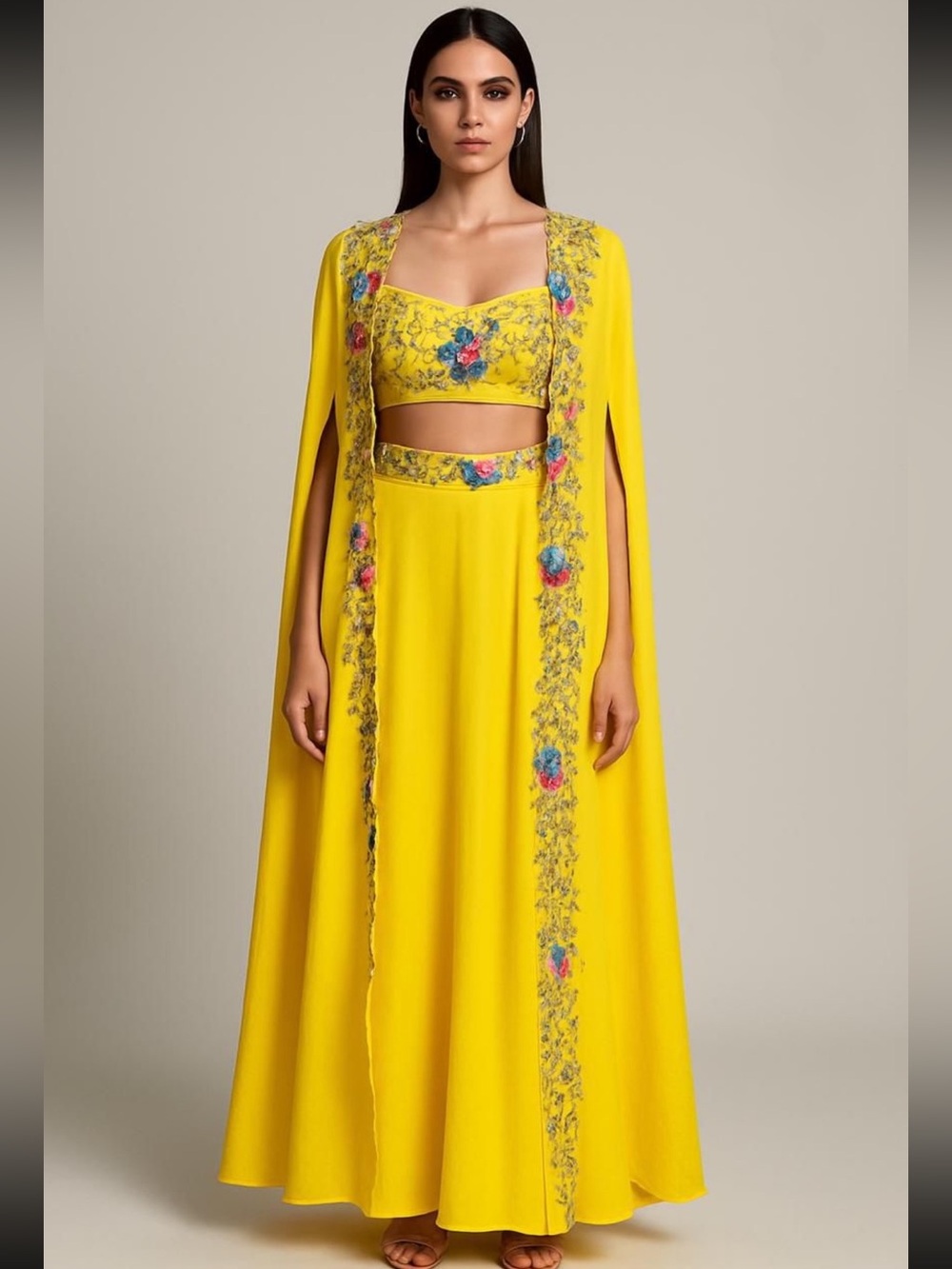 Yellow Embroidered Festive Fusion Set With Jacket & Palazzo